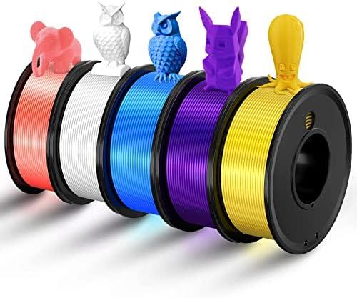Haosegd 3D Printer Filament PLA 1.75mm 3-D Printing Materials 5 Colors Bundle Print Filimate 1.75 mm White Yellow Pink Blue Purple Filiment1.75 Accuracy ±0.02mm Fillament Spool Vacuum Pack 250G X 5