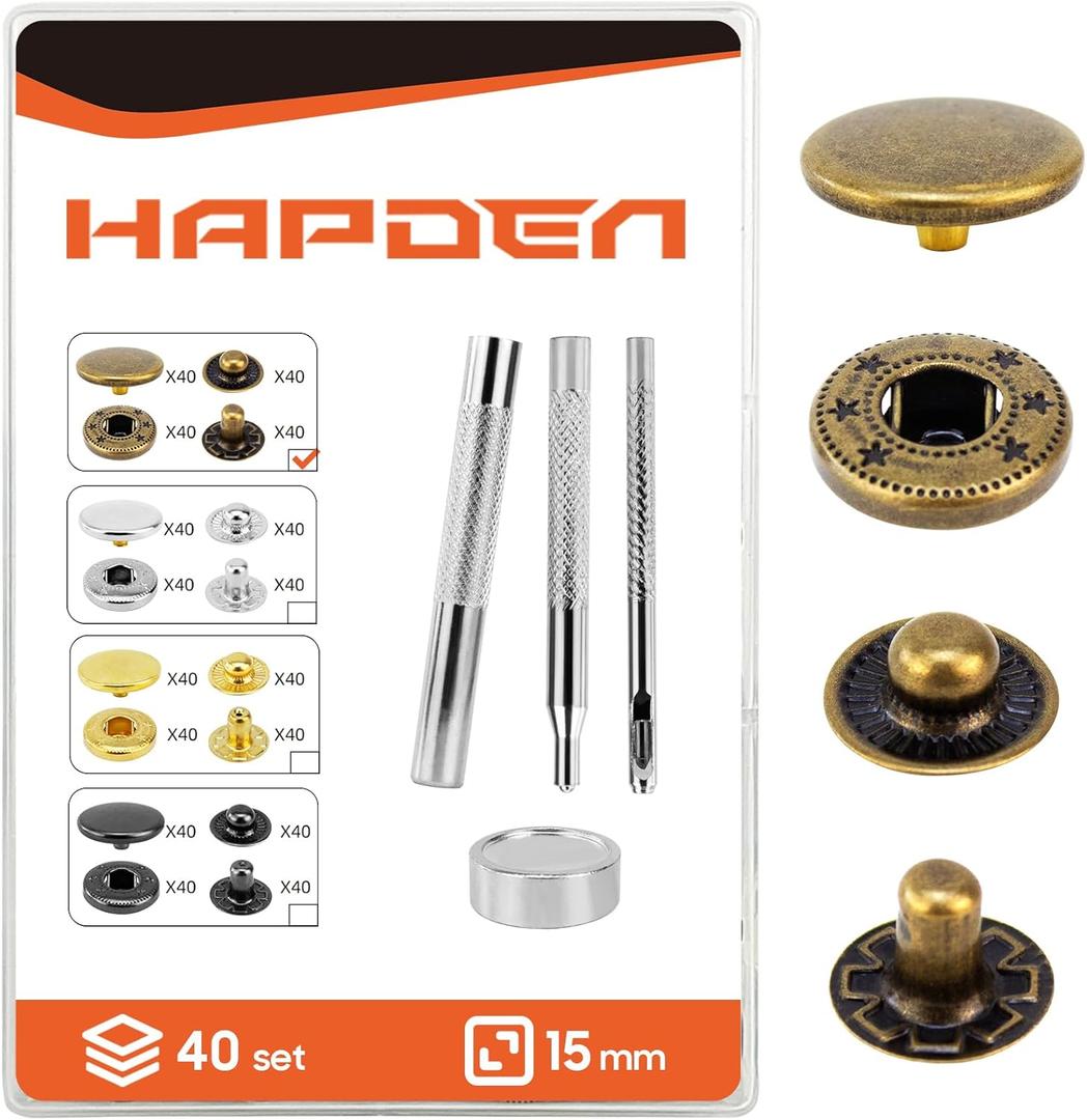 Leather Snaps and Fasteners Kit15mm 40 Sets Metal Snap Buttons with Setter Tools Sewing Snaps for ClothingFabricLeather, Clothes, Jackets, Bags, DIY CraftingBronze