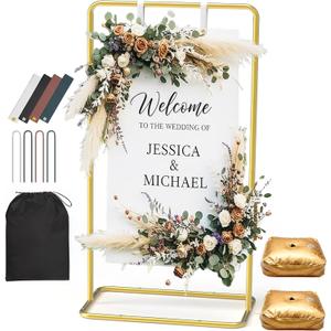 Wedding Welcome Sign Stand 68 x 31 x 20 Inch Adjustable Wedding Sign Holder with 8 Leather and Water Bags Heavy Duty Easel for Poster, Baby Bridal Shower, Bridal Shower, Seating Chart, Gold