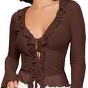 Women's Bell Sleeve Tie Front Mesh Tops Sheer Cardigan Ruffle Going Out Concert Western Vintage Blouse Shirt, Size L