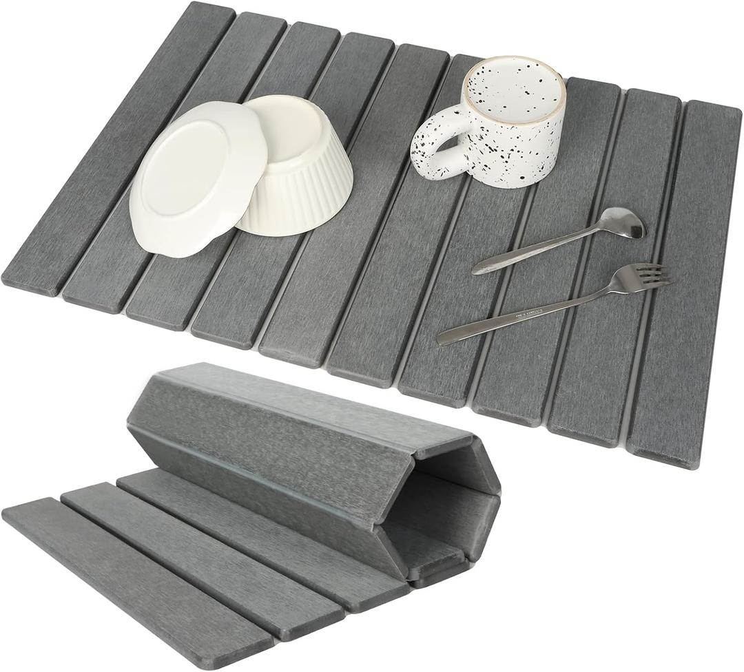 Large Stone Dish Drying Mat for Kitchen Counter, Eco-friendly, Instant Drying Pad,Diatomaceous Earth Water Absorbing Mat, Foldable and Super Absorbent Dish Drying Stone Mat, 24"16", Dark Gray