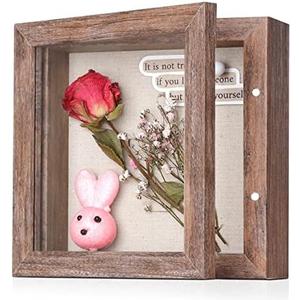 5x5 Small Shadow Box Frame with Linen Back - Sturdy Rustic Memory Display Case of Flower, Pictures, Medals and More, Rustic Brown