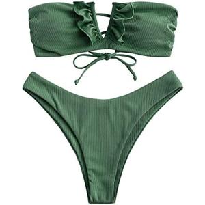 ZAFUL Women's Strapless Ribbed V Wired Lace Up Ruffle Tie High Cut Bandeau Swimsuits Bikini Set, S(4)