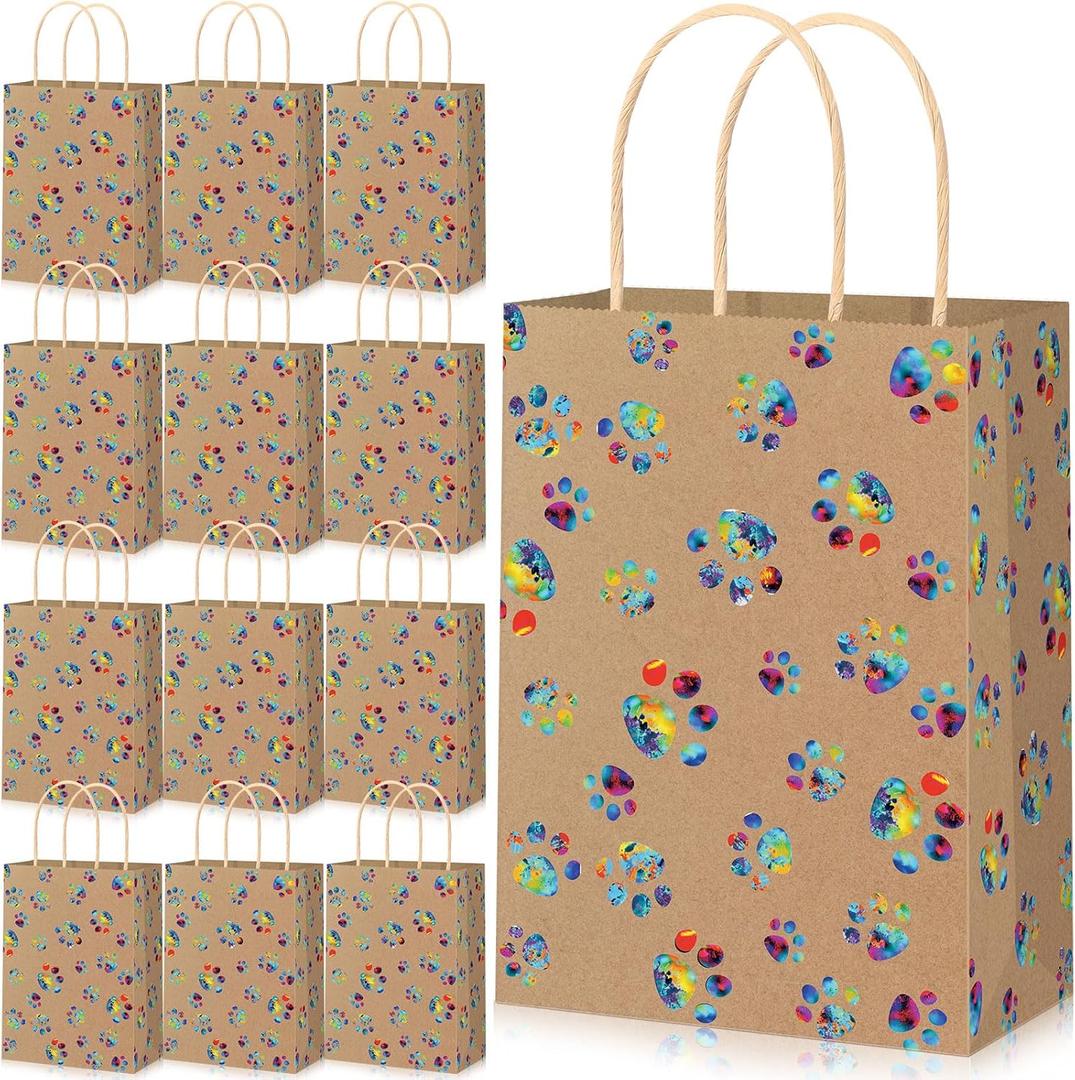 Blulu 20 Pcs Puppy Dog Paw Gift Bags with Paper Twist Handles, Dog Gift Paper Paw Treat Goodie Bags for PET Treat Party Favor, 6.3 x 3.1 x 8.6 Inch(Kraft Backing, Dazzling Paws)