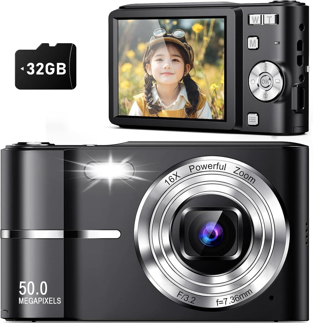 Upgrade Digital Camera - 50MP Full HD 1080P with 16x Zoom, Anti-Shake, Compact for Kids - 32GB SD Card, 2 Batteries - Black