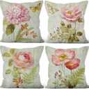 4 Pcs/Set Floral Pillow Covers Vintage Peony Rose Flowers Colorful Butterflies Geometric Check Natural Plants Valentine Throw Pillow Covers for Outdoor Couch Sofa Bedroom Decor, 18"x18"