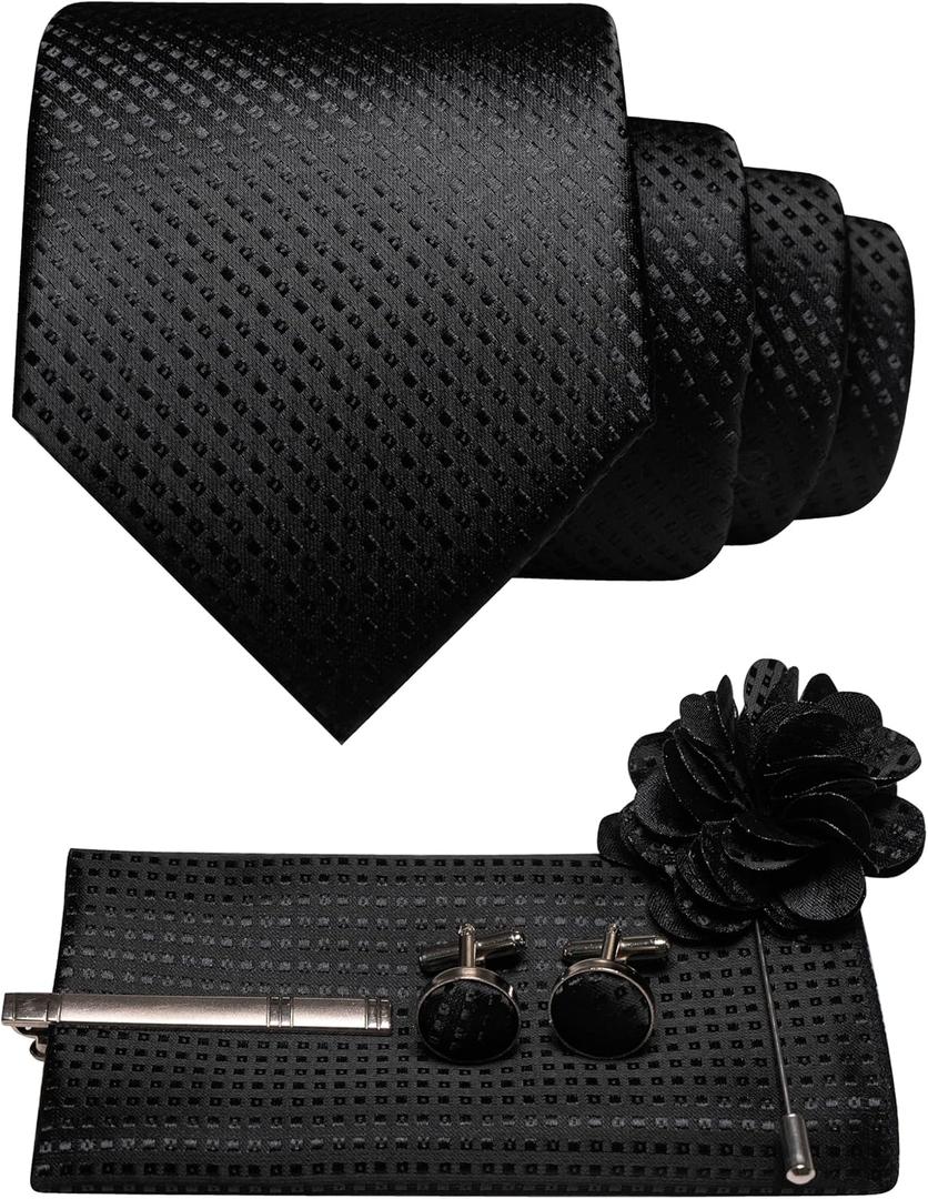 Mens Tie and Pocket Square,Lapel Pin,Cufflinks,Tie Clip Sets with Gift Box 5PCS (Black2)