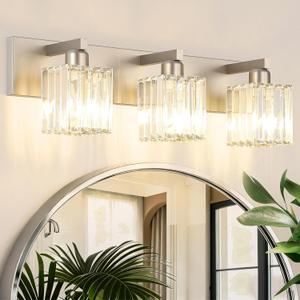 Aipsun Brushed Nickel Vanity Light Bathroom Lighting Fixtures 3 Light Crystal Modern Bathroom Vanity Light (Exclude Bulb), 23 inch