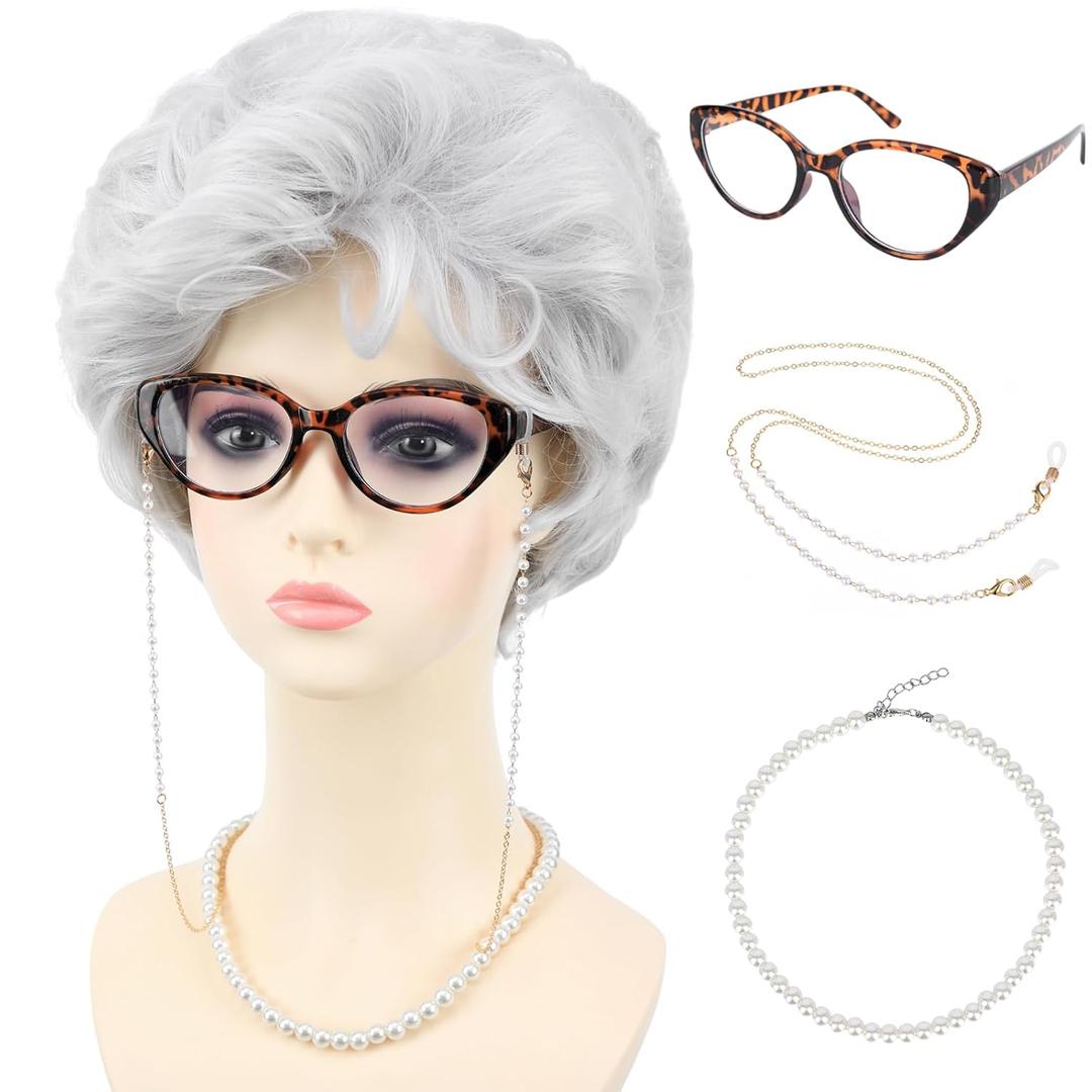 White Old Lady Costume Wig for Women with Glasses Chain Necklace - Short Curly Grandma Wigs for Older Women Granny Outfit - Perfect for 100th Day of School Costume & Parties (Silver White) (Adult Size)