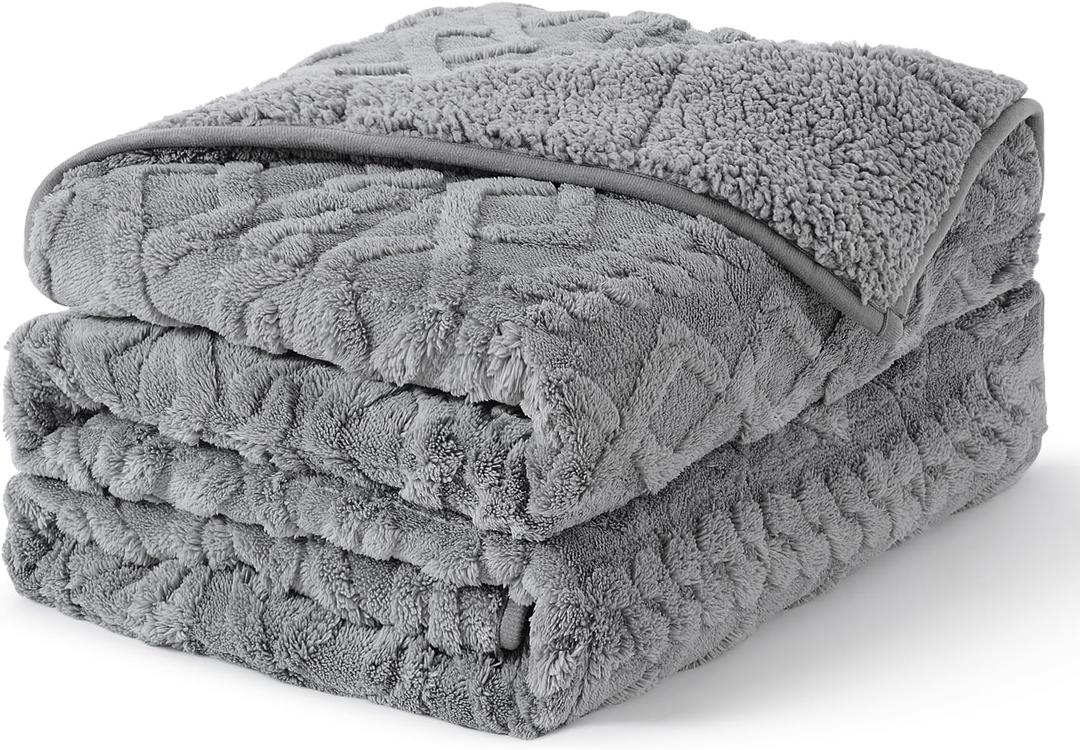 Topblan Weighted Blanket for Adults, 60" x 80" 15lbs, Soft Sherpa Queen Size Heavy Blanket with 3D Jacquard Flannel Fleece Weighted Blankets for Couch and Bed (Grey)