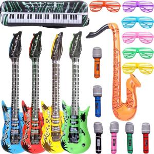 OuMuaMua Inflatable Rock Star Toy Set, 18 Pack Inflatable Party Props - 4 Inflatable Guitar, 6 Microphones, 6 Shutter Shading Glasses, 1 Saxophone and 1 Inflatable Keyboard Piano Inflatable Rock Toys