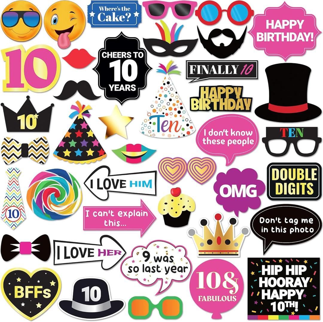 Photo Booth Props Kids 10th Birthday - 40 Piece Set, Multicolored - Funny Party Selfie Accessories for Photoshoot by PixiPy