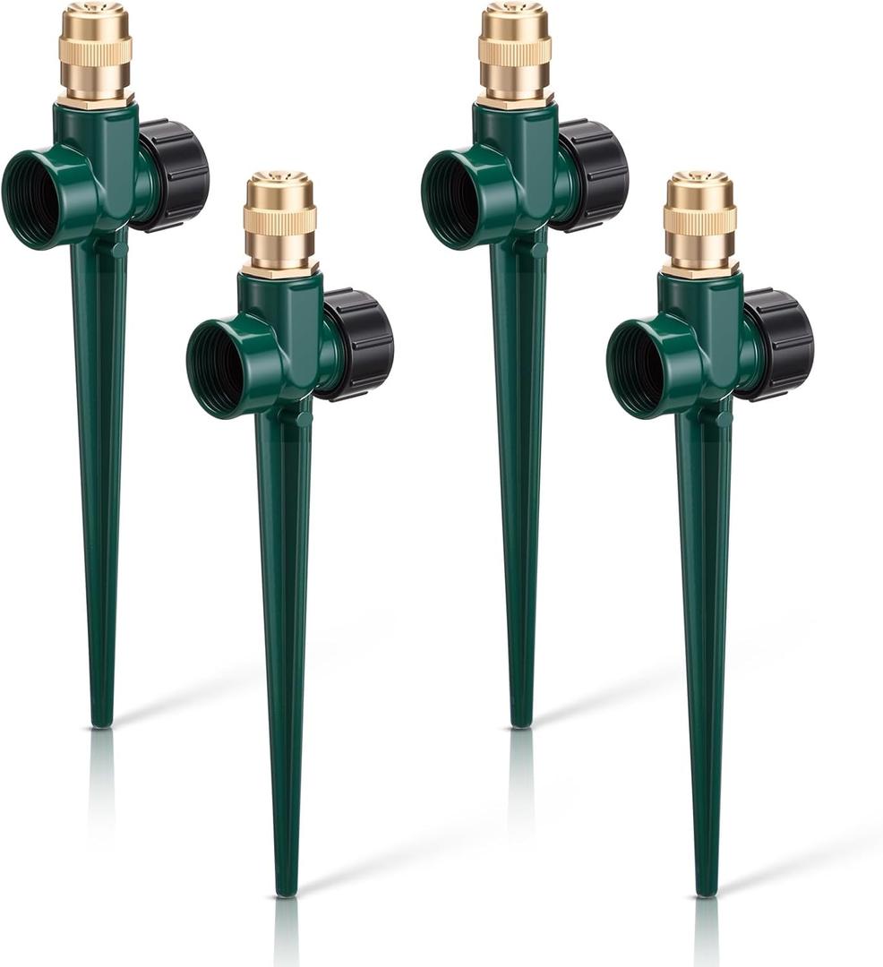 Tioncy 4 Pack Metal Lawn Sprinkler Automatic Garden Water Sprinkler on Spike Base 360 Degree Rotation with Adjustable Brass Nozzle for Lawn Garden Yard(Green)