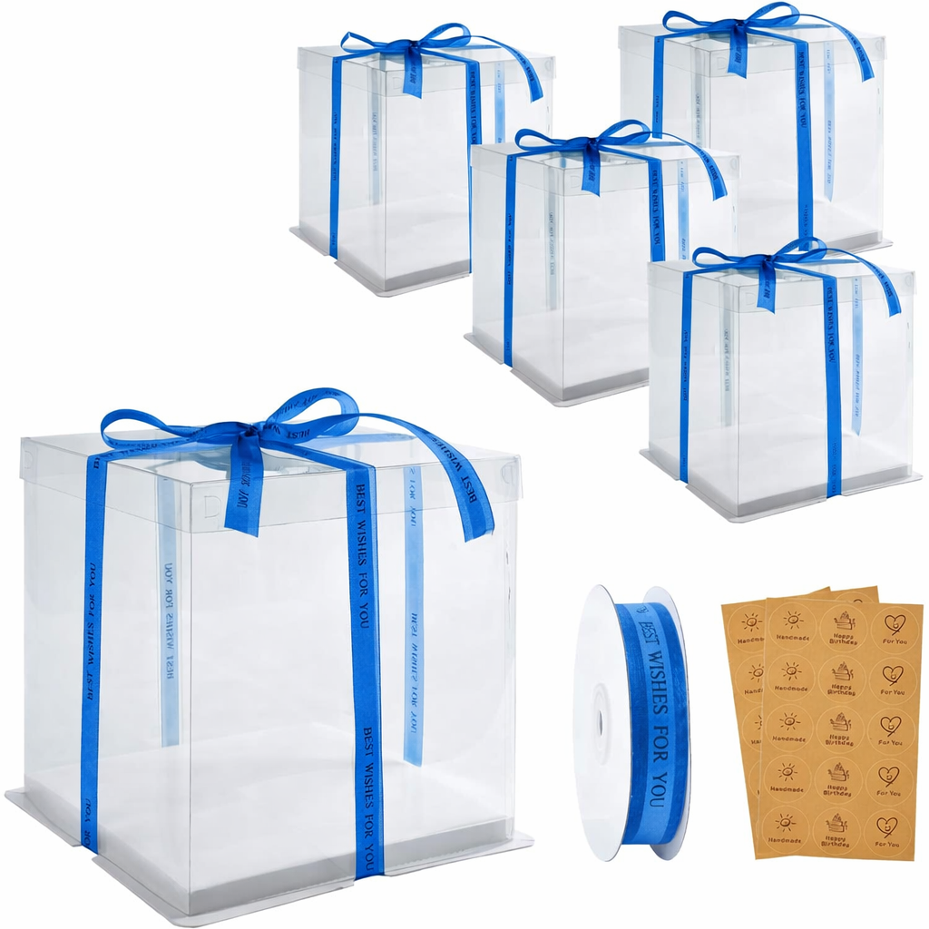 5 Pack Clear Cake Boxes 10x10x12 Inches, Tall Cake Boxes for Tier Cakes, Clear Gift Box for Wedding, Party, Birthday