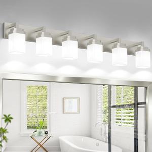 Brushed Nickel Bathroom Light Fixtures, Modern Vanity Lights with White Glass Lamp Shade, Bathroom Lighting Fixtures Over Mirror, Restroom Vanity Lighting Fixture, 6-Light 46 Inch