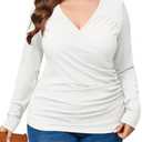 TAKEYAL Women Plus Size Wrap Tops Long Sleeve V Neck Ruched T-Shirt Sexy Casual Fall Trendy Tunic Top 2024 (White, 2XL)
