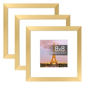 upsimples 8x8 Picture Frame Set of 3, Made of High Definition Glass for 5x5 with Mat or 8x8 Without Mat, Wall and Tabletop Display Photo Frames, Gold