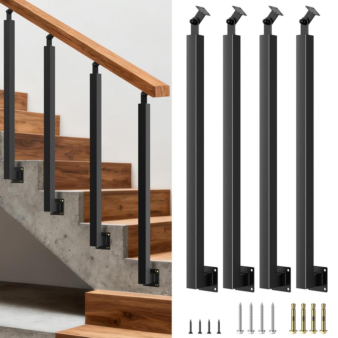 Black Metal Stair Railing Post, Side/Front Mount Baluster Spindles with 270 Adjustable Bracket, Perfect for Indoor Stairs, Deck, Porch and Balcony Railing, Side, 35.4 Inch, 4 Pack