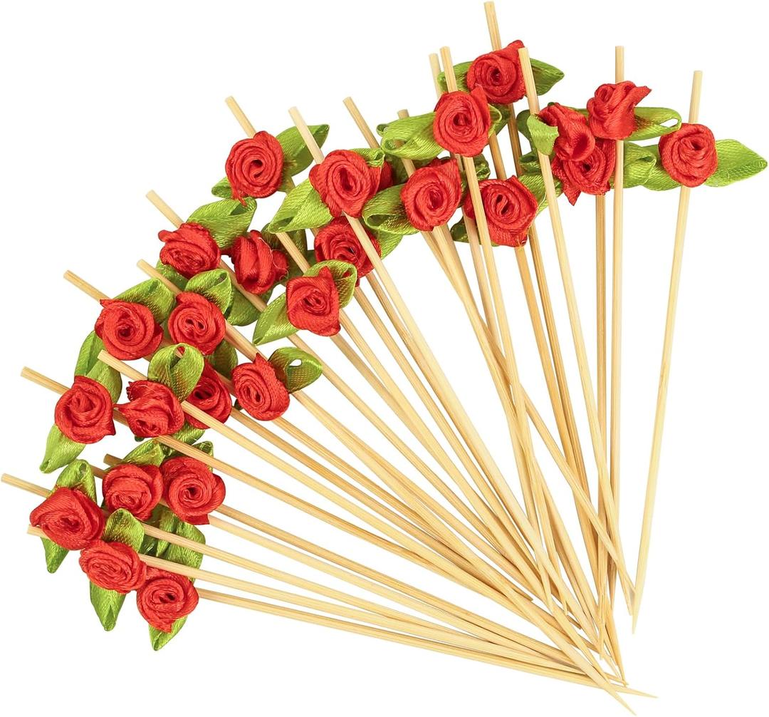 100pcs Red Rose Flower Cocktail Picks 4.7 Inch, Valentine Decorations Toothpicks for Appetizers Bamboo Fruit Skewers Food Picks for Wedding Valentine Holiday Party Decoration (Red)