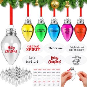 Baquler 30 Pcs Christmas Fillable Light Bulb Hanging Ornament Plastic Fillable Christmas Tree Ornaments Clear with Screw Off Cap and Rope Xmas Sticker for Holiday Party Decor Indoor Outdoor
