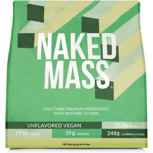NAKED Vegan Mass - Natural Vegan Weight Gainer Protein Powder - 1,230 Calories, NSF Certified, Non-GMO, Soy & Gluten Free, No Artificial Ingredients - 12LB Bulk - 17 Servings