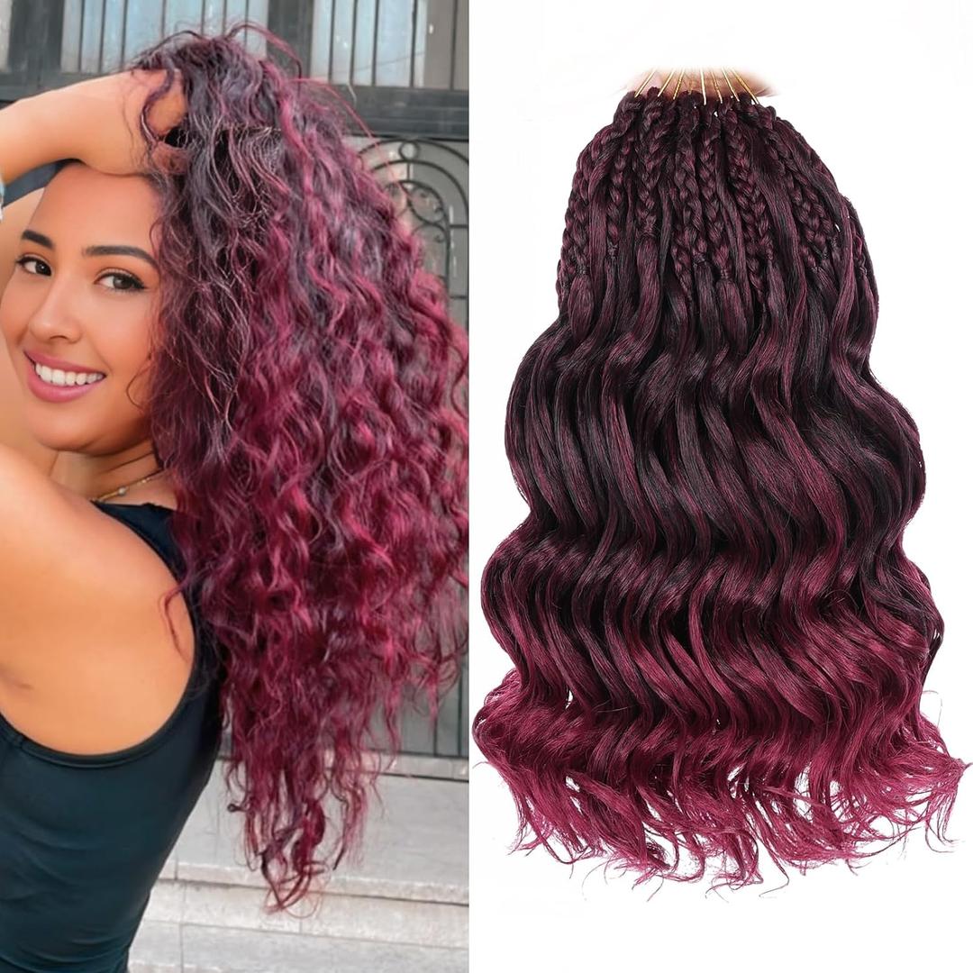 Leeven 10 Inch Pre Looped Curly Crochet Hair - 8 Packs Ombre Red Boho Ocean Wave - Burgundy Short Ocean Braids - Pre Twisted Synthetic Deep Wavy Crochet Hair for Women (#TBUG)