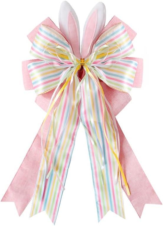 Easter Large Wreath Bow Burlap Wired Ribbbon Bow with Bunny Eggs Door Ornaments for Easter Day, Tree, Party Decorations (11x20 inch) (Easter-rabbit Ears)
