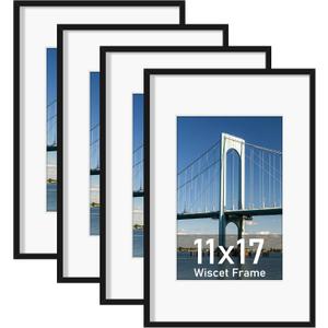 Wiscet 11x17 Picture Frame Set of 4, Display Picture 8x12 with Mat or 11x17 Poster Frame without Mat, Horizontal or Vertical Wall Mounting, Black
