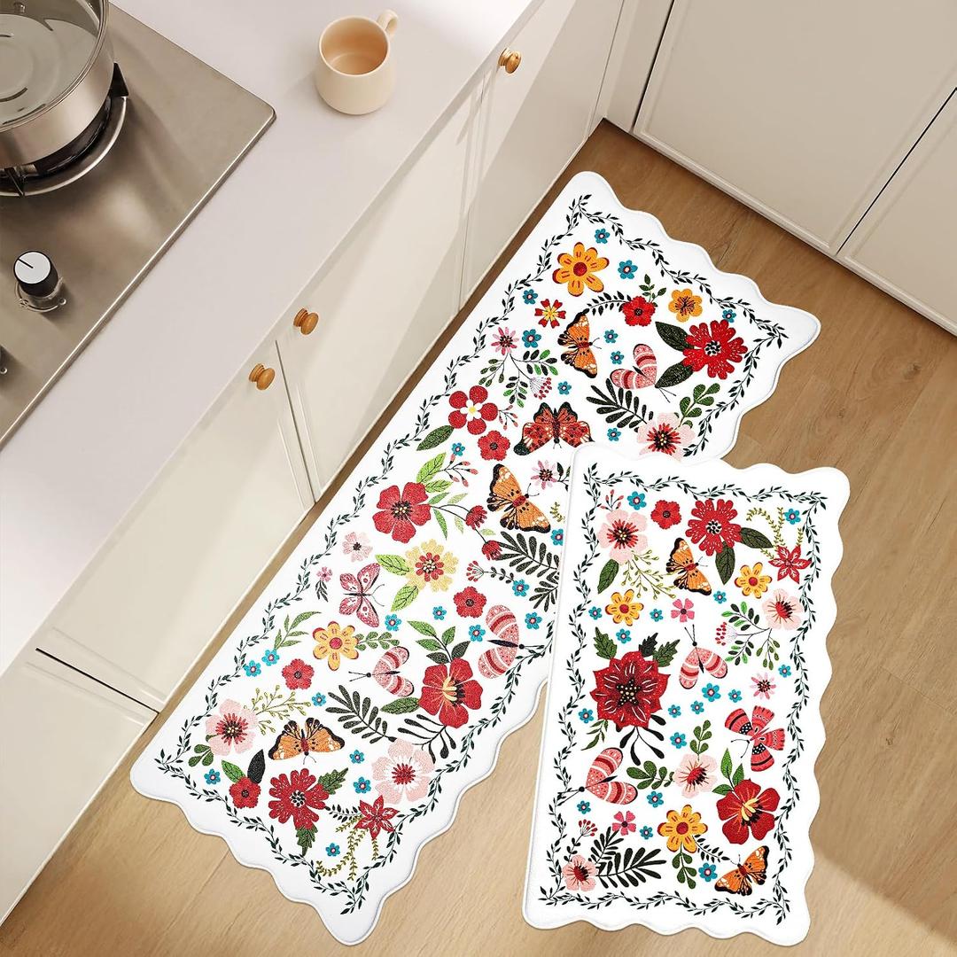 UKISS Kitchen Rugs, 2PCS Waterproof Kitchen Mats, Cushioned Anti Fatigue Kitchen Mat, Non-Slip Boho Comfort Mat for Kitchen, Floor Home, Sink, Laundry,17.3"x28"+17.3"x47", White &Pink (White)