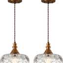 2 Pcs/Package Vintage/Antique Brass Glass Pendant Light Fixture Over Sink/Table for Kitchen Island,Farmhouse Gold Hanging Pendant Lights for Bedroom Hotel Dining Room (Clear)