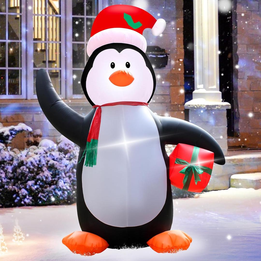 4FT Christmas Inflatables Blow up Christmas Hat Penguin Decoration with LED Lights Indoor Outdoor Graden Yard Lawn Party Holiday Decor