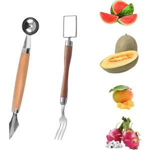 2-in-1 Stainless Steel Watermelon Cutter Slicer & Forks,Fruit Scoop,Dual Head Melon Slicer Knife with Wooden Handle for Kitchen, Camping, Party (2 Pcs)