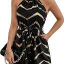 SweatyRocks Women's Allover Print Sleeveless Halter Jumpsuit High Waist Cami Romper with Pocket (Large, Chevron Black)