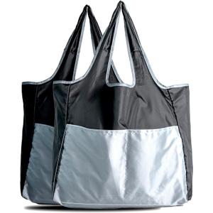 Foldable Reusable Grocery Tote Bag 2 Pack, Heavy-Duty Polyester, Machine Washable, 15.7 x 15.7 x 6.3 inch, Holds 40 lbs, Black, Gifts for Christmas