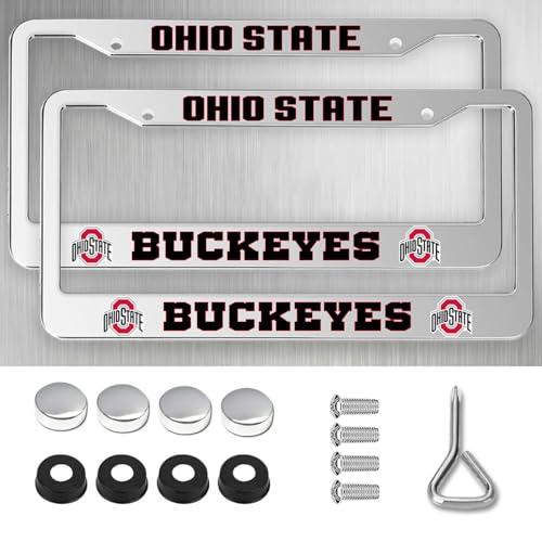 2 Packs for Ohio State Buckeyes License Plate Frames,2 Holes Silver License Plate Holder for OSU,Universal Aluminum Tag Frame for License Plate for Front and Rear Car Tags