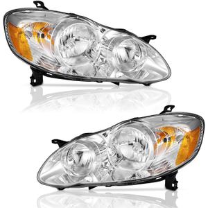WEELMOTO Headlights Compatible with 2003-2008 Toyota Corolla, Headlamp Assembly Replacement Chrome Housing Amber Reflector Left+Right Side