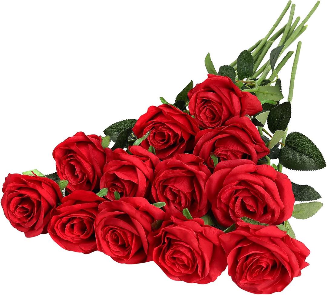 Hawesome 12PCS Artificial Silk Flowers Realistic Roses Bouquet Long Stem for Home Wedding Decoration Party, 12pcs, Red