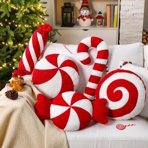 1 Pcs Christmas Candy Cane Throw Pillows Red and White Peppermint Candy Shape Throw Pillow Couch Cushion Christmas Decorative Spiral Lollipop Stuffed Pillow for Couch Sofa Xmas Decor Room