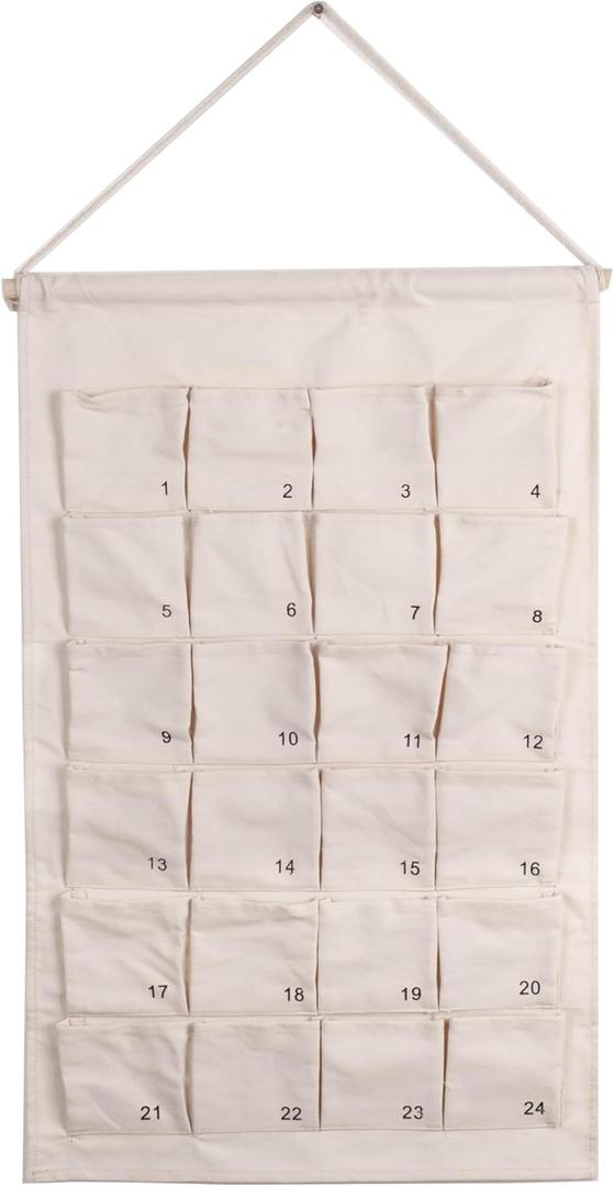 Fabric Advent Calendar with 24 Numbered Pockets, 67 x 42 cm, White Hanging Wall Calendar to Fill Yourself For Christmas Ornaments