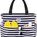 HOMESPON Large Waterproof Beach Bag for Women Sandproof Tote Bag Pool Bag with Zipper and Pockets for Travel Vacation Gym (Blue Stripes)