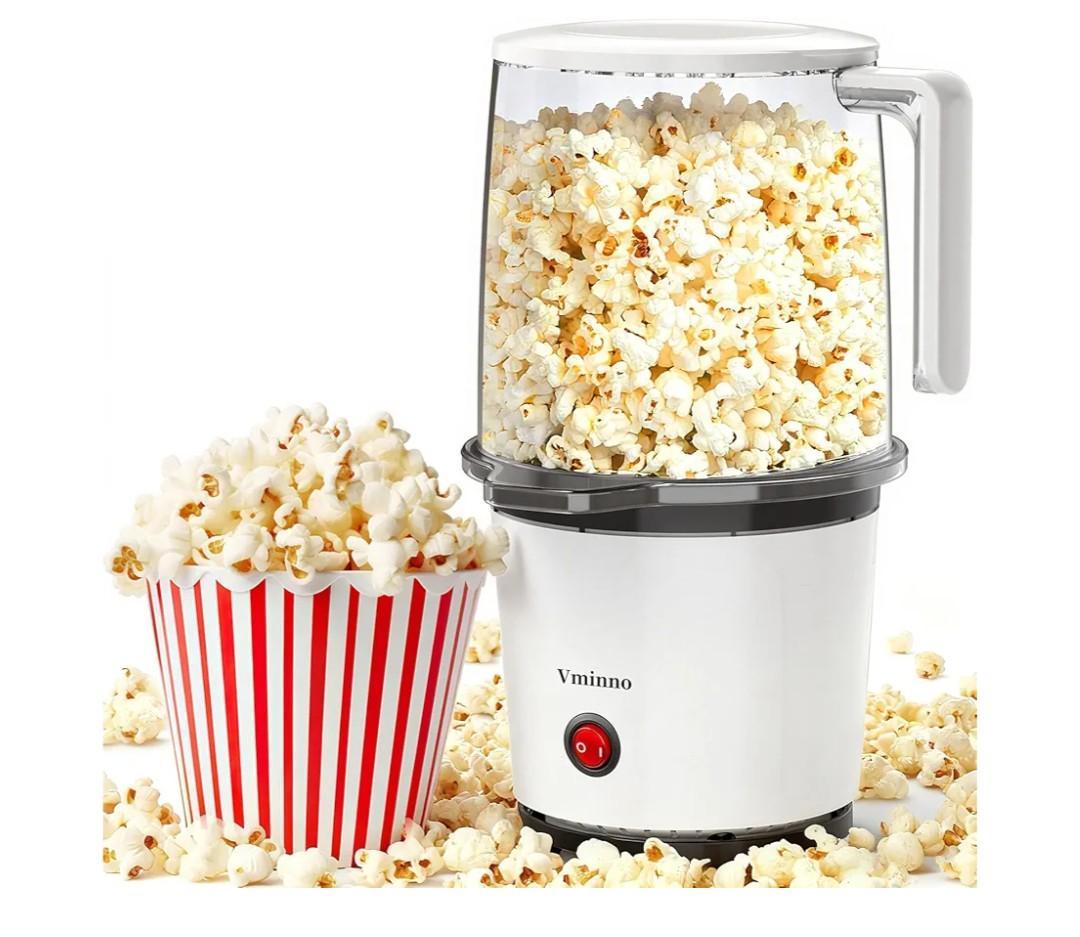 Vminno Quick & Easy Hot Air Popcorn Popper Maker with Built-In Serving Bowl, 2 Quarts, Etl Certified, No Oil Popcorn Poppers for Home with On/Off Switch for Family Movie Nights, Parties