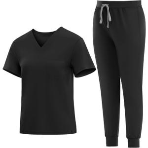 Medical Scrubs Set for Women - Classic V-Neck Top & Jogger Pants with Stretch Nursing Uniform Scrub Suit (Medium, Black)