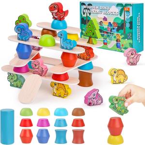 Montessori Dinosaur Toys for Toddlers, Preschool Education Toys for Ages 3 Boys Girls, Wooden Dinosaur Stacking Toys for Toddlers 3-5,Blocks Sorting & Balance Toy, Christmas Birthday Gifts