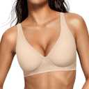 OEAK Womens Deep V Bras Wireless Comfortable Bra Supportive No Underwire Bras Tshirt Push Up Bralettes Plunge Seamless Bra (Medium, Beige)