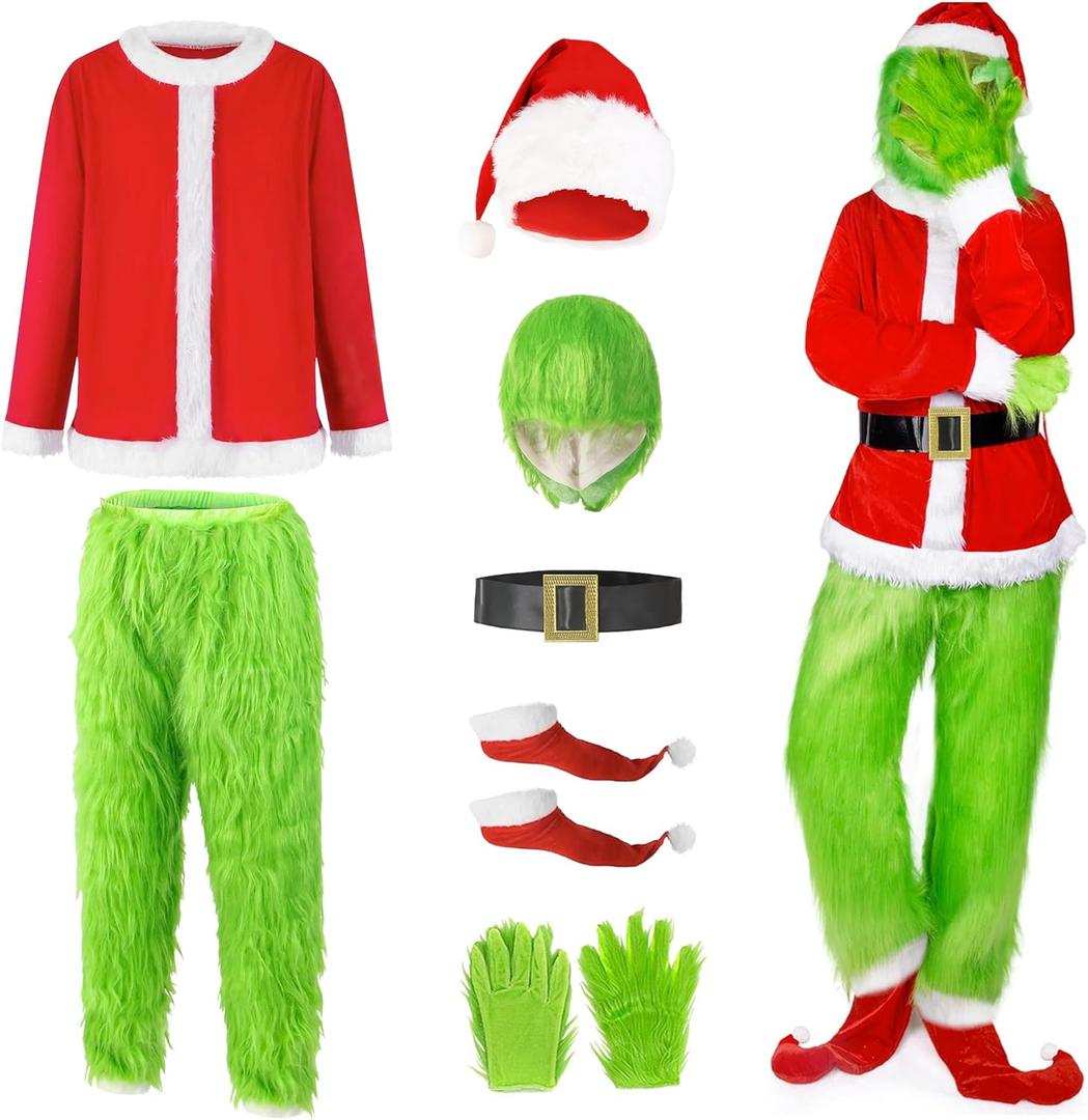 9PCS Green Monster Costume for Men, Adult Santa Costume with Mask, Coat, Belt, Gloves, Pants, Socks