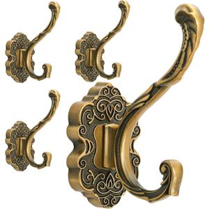 Peohud 4 Pack Vintage Coat Hooks, Antique Brass Wall Hook, Gold Decorative Towel Hooks Wall Mounted Hanger for Key, Bags, Hat, Scarves, Clothes, Entryway, Bedroom, Bathroom