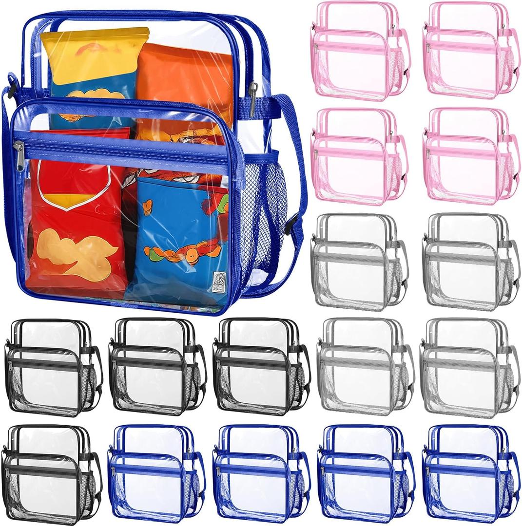 Sunnymove 12 Piece Large Reusable Clear Lunch Bags Bulk 12 x 10 x 5.5 Inch Transparent Lunch Box Stadium Approved Tote Bag Plastic See Through Backpack with Adjustable Shoulder Strap for Work Travel