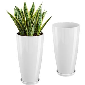 QCQHDU 21 inch Tall Planters for Outdoor & Indoor Plants, Set of 2 Large Outdoor Planters with Drainage Hole for Front Porch, Patio, Garden, White