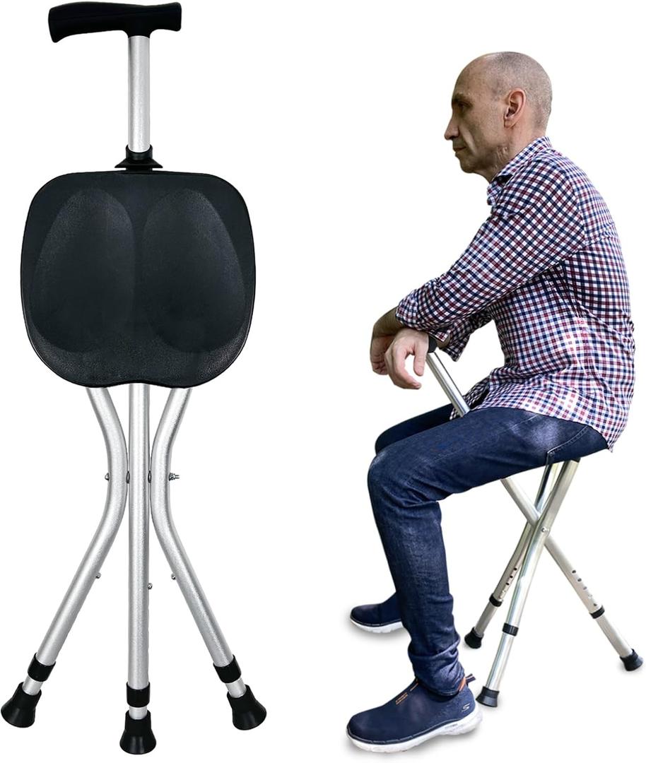 Portable Adjustable Folding Walking Cane with Seat Allows Durability While Walking and Convenience for Sitting, Alloy Crutch Chair, Anti-Slip Lightweight Walking Stick for Seniors (Black)