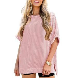 Tankaneo Womens Oversized T Shirts Summer Casual Loose Fit Ribbed Batwing Short Sleeve Tunic Tops Pink XL
